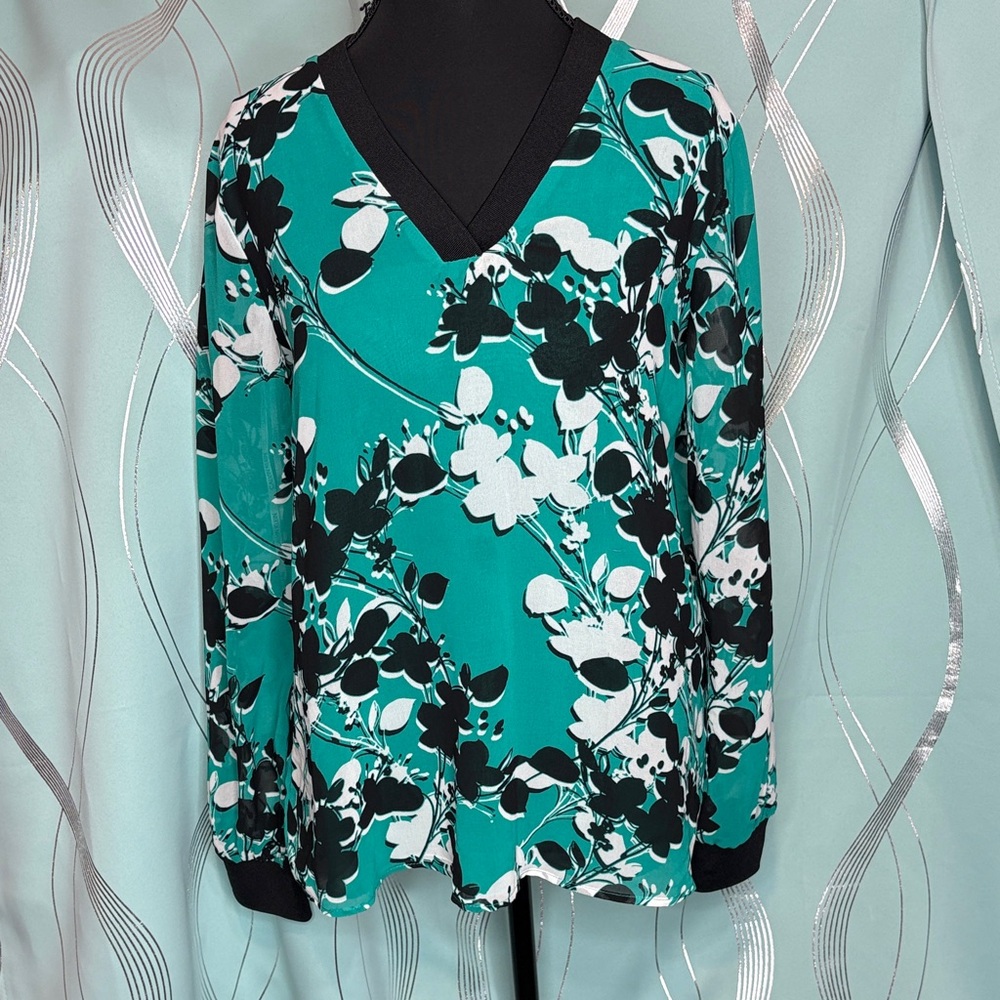Calvin Klein Teal Floral V-Neck Long Sleeve Top with Black Trim